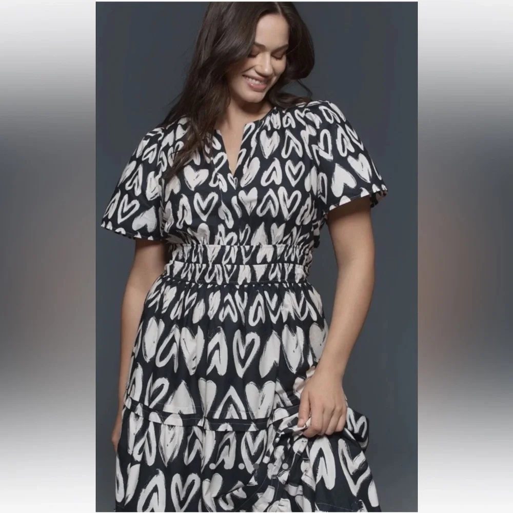 Anthropologie The Somerset Maxi Dress Smocked Heart Edition Poplin Black White - Picture 4 of 7